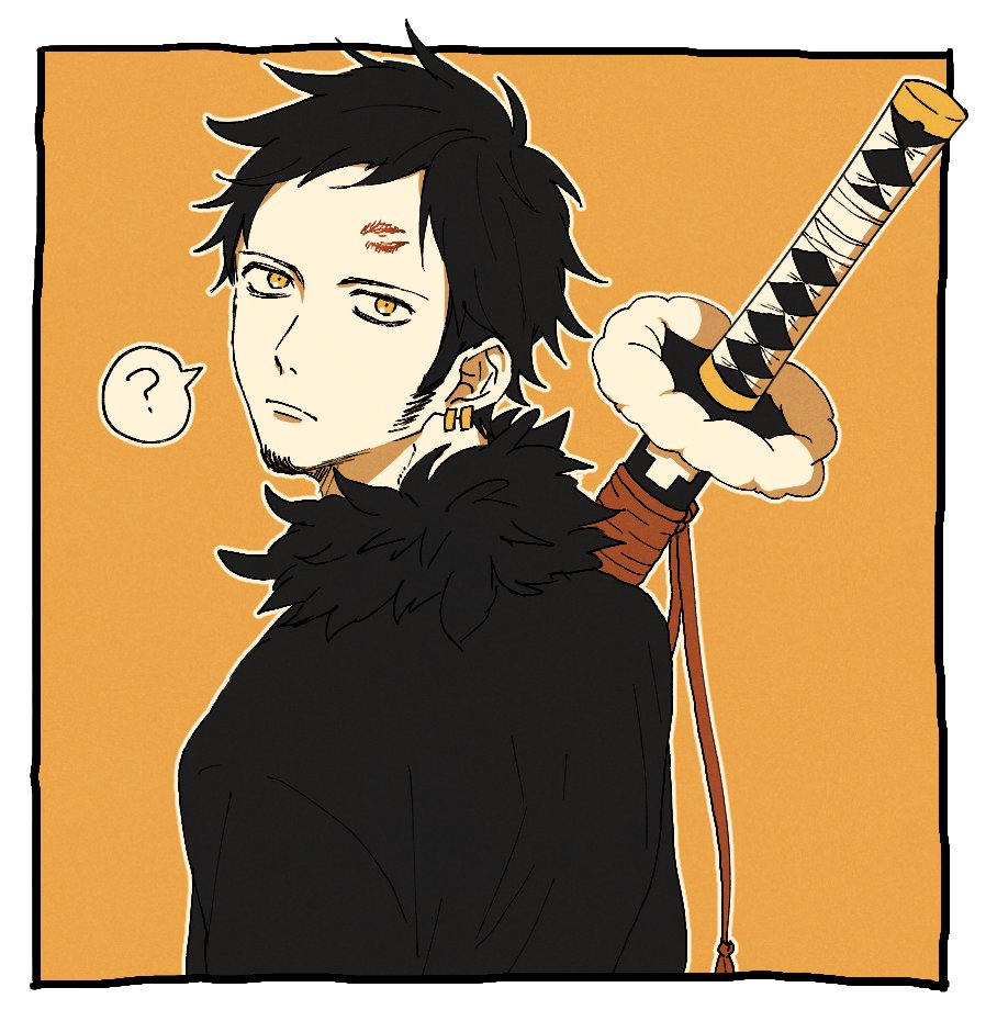 1boy ? after_kiss back black_hair closed_mouth commentary_request earrings facial_hair forehead goatee holding holding_sheath holding_sword holding_weapon implied_yaoi jewelry lipstick_mark lipstick_mark_on_forehead long_sleeves looking_at_viewer male_focus one_piece piratesebine sheath sheathed short_hair spoken_question_mark sword trafalgar_law weapon yellow_eyes