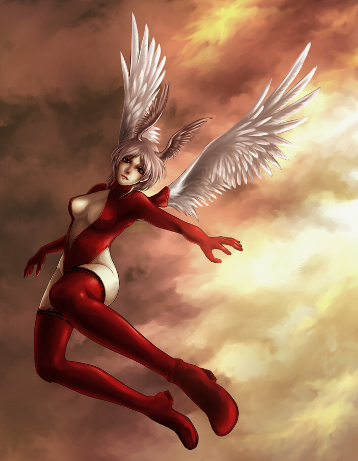 1girl angel_wings boots breasts center_opening cleavage cleavage_cutout clothing_cutout cloud cloudy_sky commentary_request final_fantasy final_fantasy_tactics flying from_side full_body gloves head_tilt head_wings high_heel_boots high_heels highleg highleg_leotard large_breasts leotard lips looking_at_viewer no_bra outdoors pale_skin parted_bangs parted_lips pavlova photoshop_(medium) red_boots red_eyes red_leotard red_thighhighs revision short_hair silver_hair sky solo thigh_boots thighhighs turtleneck ultima_(fft) wings