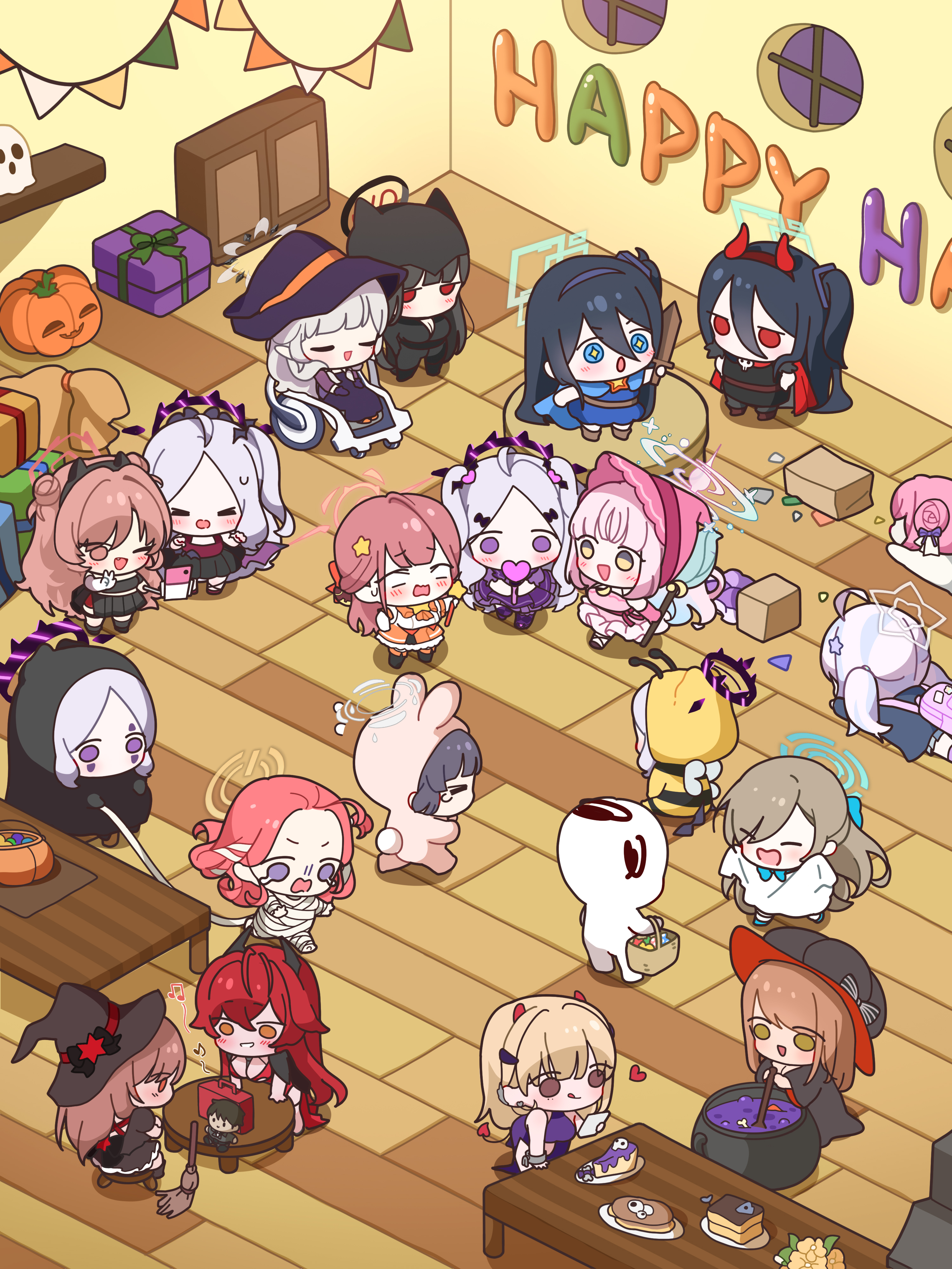 1boy 6+girls absurdres animal_costume animal_ears aris_(blue_archive) aru_(blue_archive) asuna_(blue_archive) bad_food basket bee_costume belt black_bow black_hat black_shirt black_skirt blue_archive blue_halo blush bow box breasts brown_belt brown_eyes cauldron character_doll chibi cleavage closed_eyes commander_(nikke) crossover doodle_sensei_(blue_archive) doro_(nikke) dress emma_(nikke) english_text fake_horns fake_wings food ghost_costume gift gift_box gloves goddess_of_victory:_nikke grey_hair grey_halo hair_bow hair_ornament hairband halloween_bucket halo hat heart heart_hair_ornament highres himari_(blue_archive) hina_(blue_archive) holding holding_basket holding_sword holding_wand holding_weapon horns indoors kirara_(blue_archive) large_breasts light_brown_hair long_hair low_wings mika_(blue_archive) multiple_girls mummy_costume musical_note nail_polish no_mouth no_nose no_pupils open_mouth pink_gloves pink_hair pink_halo purple_eyes purple_gloves purple_halo purple_hat rabbit_costume rabbit_ears red_dress red_eyes red_hair red_hood_(nikke) red_hood_(nonsense_red)_(nikke) reisa_(blue_archive) rio_(blue_archive) selfie_stick sensei_(blue_archive) shirt sitting skirt standing star_(symbol) star_hair_ornament sword table uz_(uzru0428) very_long_hair viper_(nikke) wand weapon wings witch_hat wooden_floor wooden_sword wooden_table yellow_halo yuzu_(blue_archive)