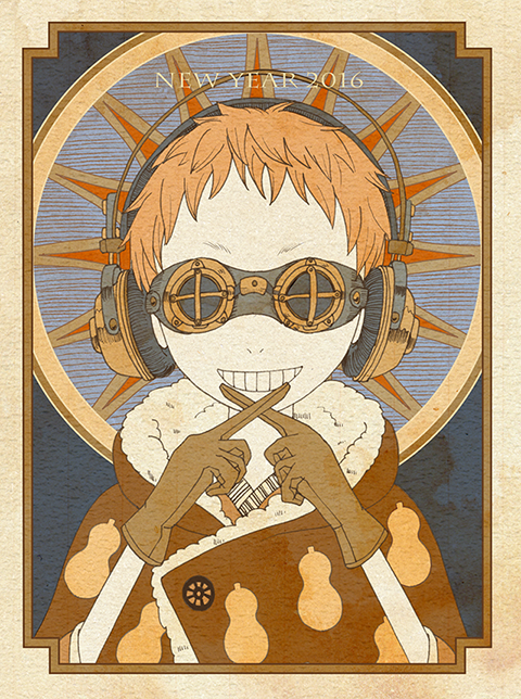 1boy 2016 border brown_cloak brown_theme chinese_zodiac cloak covered_eyes english_text facing_viewer food_print fur-trimmed_cloak fur_trim goggles gourd grin hands_up happy_new_year headphones index_finger_raised male_focus new_year orange_hair original short_hair skinny smile solo straight-on sun_symbol tokyo_mononoke upper_body year_of_the_monkey
