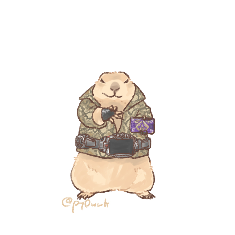 advent_deck asakura_takeshi asakura_takeshi_(cosplay) belt black_gloves body_fur brown_fur brown_shirt cosplay full_body gloves henshin_pose kamen_rider kamen_rider_ouja kamen_rider_ryuki_(series) no_humans prairie_dog py0wwk rider_belt shirt simple_background solo white_background