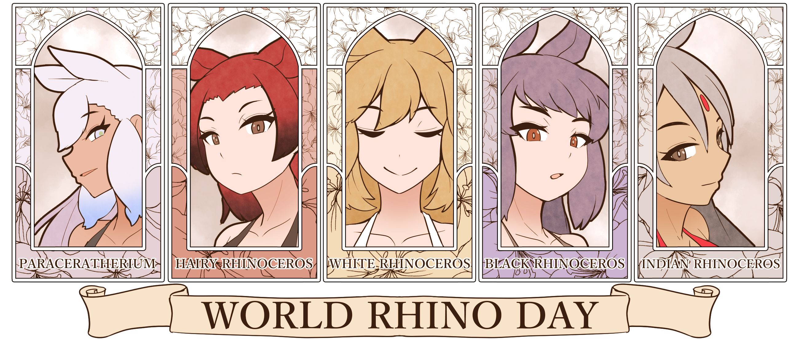 5girls animal_ears art_nouveau black_rhinoceros_(kemono_friends) blonde_hair brown_eyes closed_eyes dress extra_ears flower grey_eyes grey_hair highres indian_rhinoceros_(kemono_friends) kawanami_eito kemono_friends long_hair looking_at_viewer multiple_girls paraceratherium_(kemono_friends) red_hair rhinoceros_ears rhinoceros_girl sumatran_rhinoceros_(kemono_friends) white_rhinoceros_(kemono_friends)