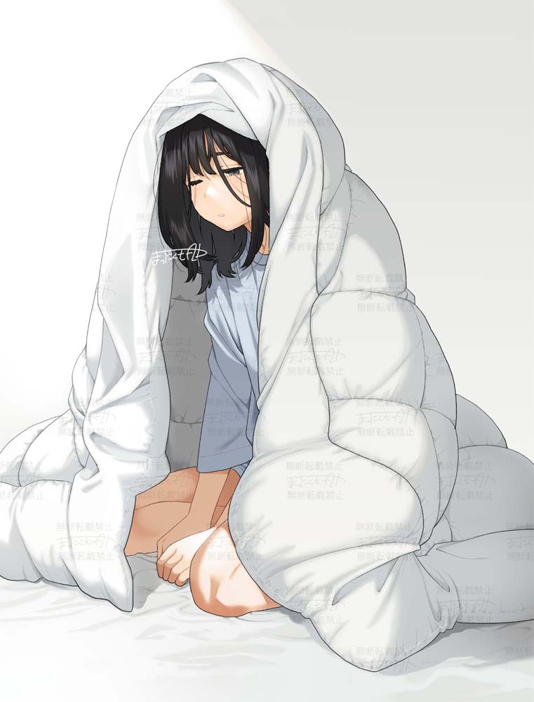 1girl black_eyes black_hair blanket blue_shirt blue_shorts full_body long_hair mattaku_mousuke one_eye_closed original pajamas parted_lips shirt short_sleeves shorts signature simple_background sitting solo under_covers waking_up white_background white_blanket yokozuwari