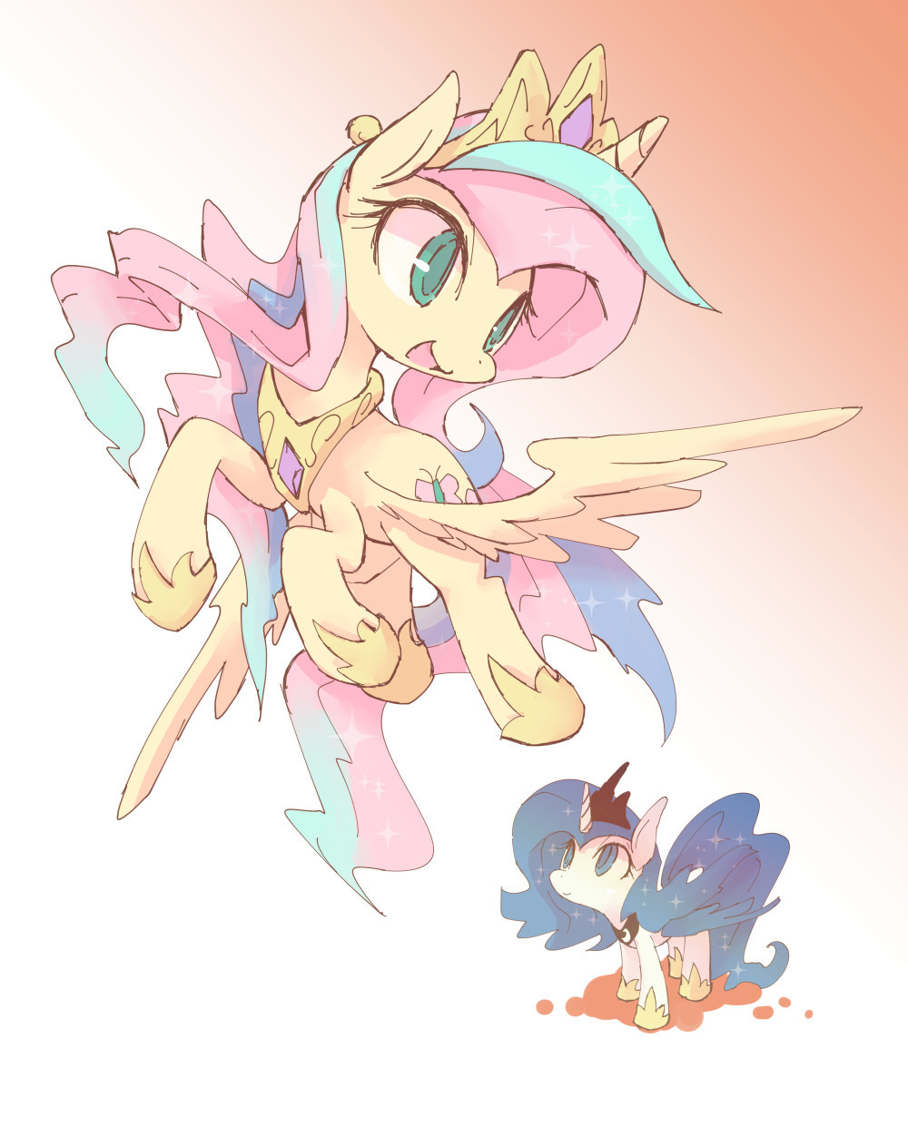 animal_focus aqua_eyes blue_hair cosplay cutie_mark fluttershy flying highres horns jewelry kolshica long_hair looking_at_another multicolored_hair my_little_pony my_little_pony:_friendship_is_magic necklace no_humans open_mouth pony_(animal) princess_celestia princess_celestia_(cosplay) princess_luna princess_luna_(cosplay) rarity_(my_little_pony) single_horn smile tail tiara very_long_hair winged_unicorn wings