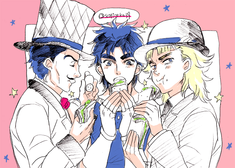 3boys :t blonde_hair blue_eyes blue_hair eating facial_hair fingerless_gloves food full_mouth gloves hat jojo_no_kimyou_na_bouken jonathan_joestar male_focus multiple_boys mustache niku_harumaki partially_colored phantom_blood robert_e._o._speedwagon salt_shaker sandwich top_hat will_anthonio_zeppeli