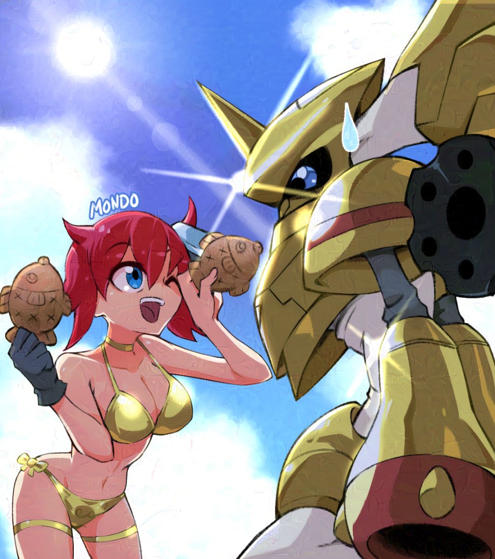1girl aiba_ami arm_cannon artist_name bikini black_background black_gloves blue_eyes breasts cowboy_shot digimon digimon_(creature) digimon_story:_cyber_sleuth food from_side glint gloves gold_bikini golden_week holding holding_food large_breasts missing_commentary one_eye_closed rapidmon_(armor) red_hair side-tie_bikini_bottom side_ponytail simple_background sun sun_glare supermondobeat swimsuit tongue tongue_out weapon