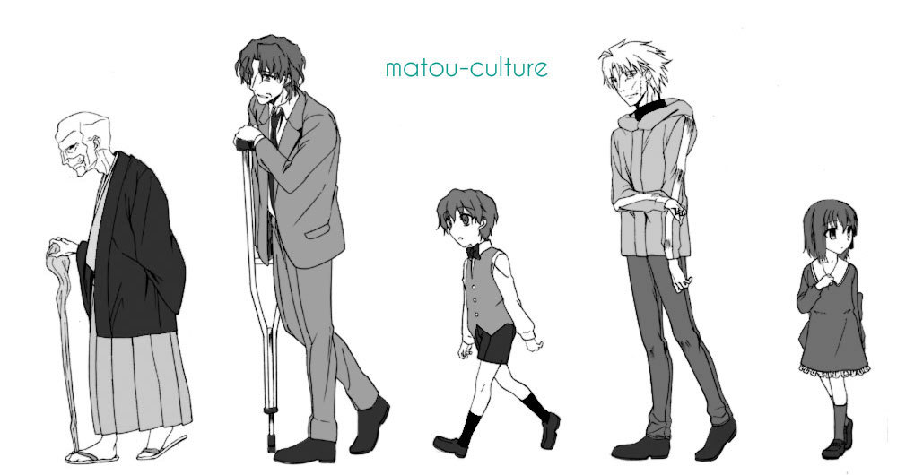 1girl 4boys aged_down ahoge bow bowtie brother_and_sister brothers carnival_phantasm child crutch dress fate/stay_night fate/zero fate_(series) father_and_son formal_clothes hair_ribbon hood japanese_clothes long_hair matou_byakuya matou_kariya matou_sakura matou_sakura_(fate/zero) matou_shinji matou_zouken monochrome multiple_boys nakamura_kuzuyu old old_man ribbon short_hair shorts siblings suit uncle_and_niece vest wavy_hair
