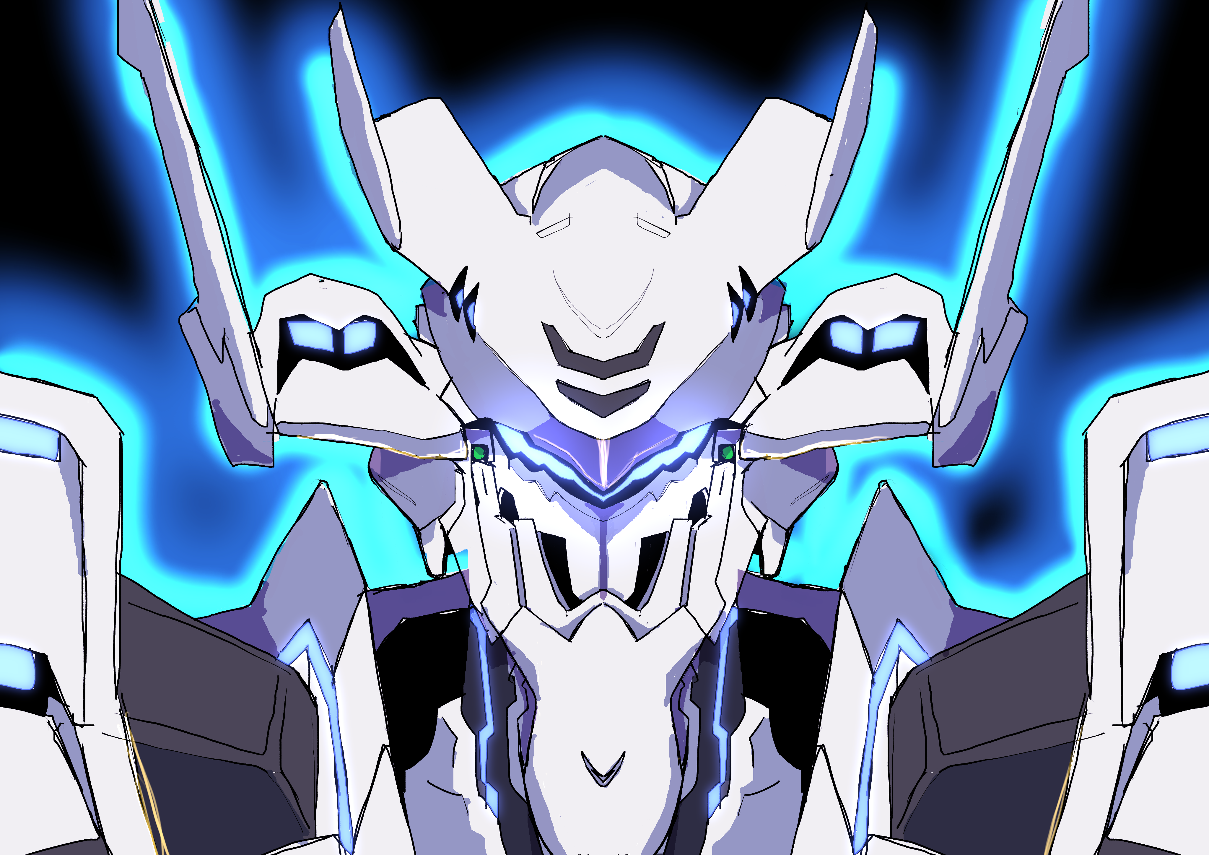 absurdres assault_visor black_background glowing highres legna1113 mecha mecha_focus muv-luv muv-luv_alternative muv-luv_total_eclipse no_humans portrait robot science_fiction straight-on tactical_surface_fighter xfj-01a_shiranui