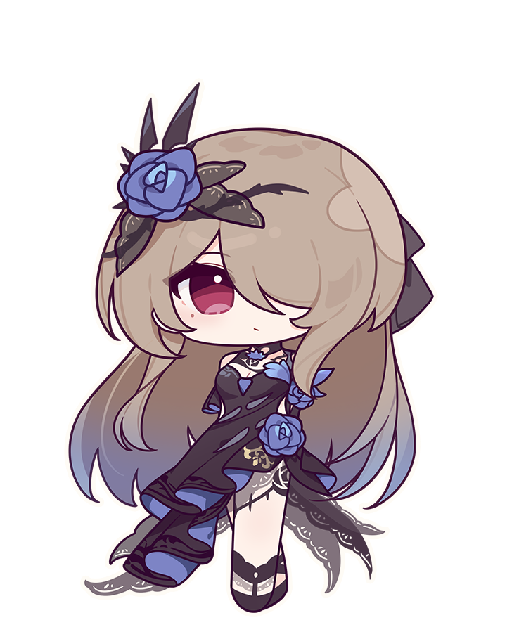 1girl brown_hair chibi closed_mouth dress eta flower full_body hair_flower hair_ornament honkai_(series) honkai_impact_3rd long_hair looking_at_viewer mole mole_under_eye official_art purple_dress purple_eyes purple_flower purple_rose rita_rossweisse rita_rossweisse_(fallen_rosemary) rose smile solo third-party_source very_long_hair