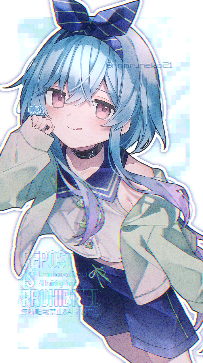 1boy :q arknights blue_hair blue_shorts closed_mouth commentary eringikinono highres infection_monitor_(arknights) jacket looking_at_viewer male_focus mizuki_(arknights) pink_eyes shirt shorts solo tongue tongue_out watermark