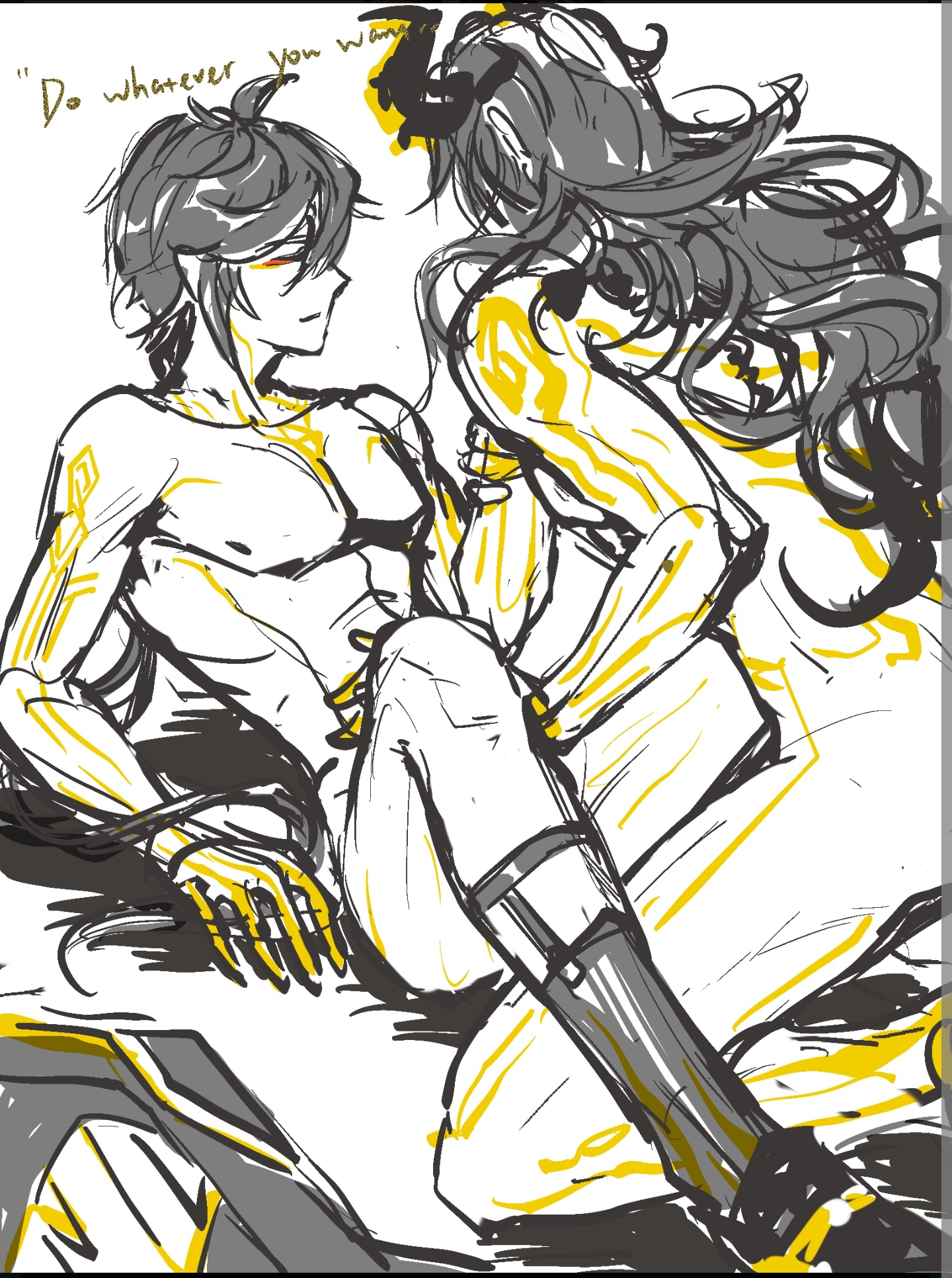 2boys azhdaha_(genshin_impact) blush calf_socks dragon_horns emmental17 english_text genshin_impact greyscale highres horns implied_sex missionary monochrome multiple_boys on_floor white_background yaoi zhongli_(genshin_impact)