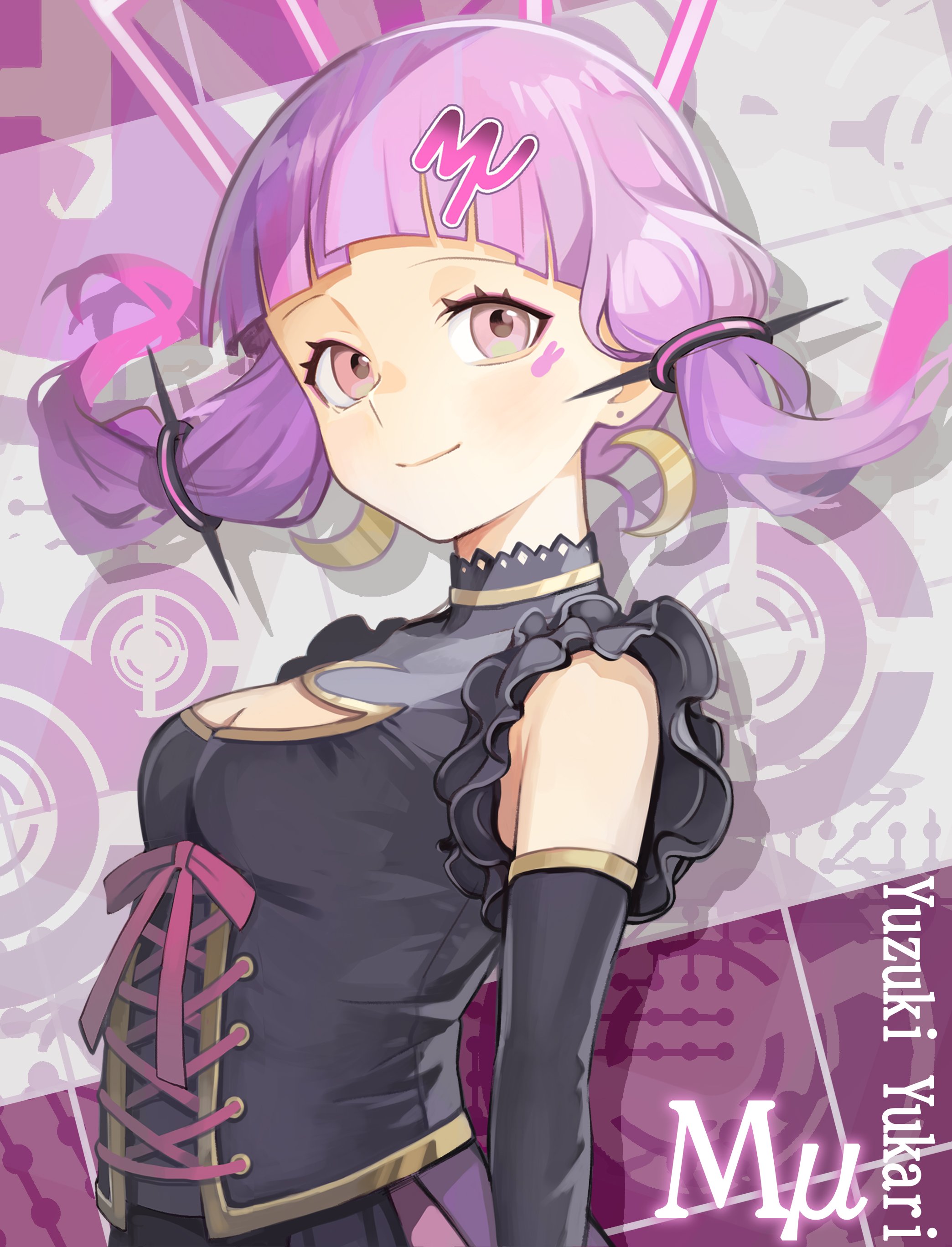 1girl absurdres black_shirt blunt_ends breasts character_name cleavage_cutout clothing_cutout commentary_request cross-laced_clothes cross-laced_top detached_sleeves ear_piercing eyelashes eyeliner facial_mark frilled_shirt frills hair_ornament highres kari_kenji makeup medium_breasts piercing pink_eyeliner pink_eyes pink_ribbon purple_hair ribbon shirt solo twintails vocaloid voiceroid yuzuki_yukari yuzuki_yukari_(mu)