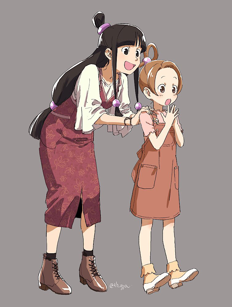 2girls :d :o ace_attorney alternate_costume black_eyes black_hair black_socks blunt_bangs blush brown_eyes brown_footwear brown_hair cousins cross-laced_footwear dress floral_print full_body grey_background hair_ornament half_updo hands_on_another&#039;s_shoulder hands_up leaning_forward long_hair looking_ahead maya_fey multiple_girls open_mouth orange_dress orange_socks own_hands_together parted_bangs pearl_fey pinafore_dress pink_shirt red_dress shirt shoes short_hair short_sleeves sidelocks simple_background sleeveless sleeveless_dress smile socks standing surprised taba_(tb_gya) white_footwear white_shirt