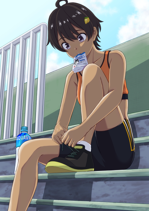 1girl ahoge bare_shoulders bike_shorts black_hair black_shoes black_shorts bottle collarbone dark-skinned_female dark_skin food-themed_hair_ornament hair_ornament knee_up ladder lemon_hair_ornament make_heroine_ga_oo_sugiru! on_ladder orange_sports_bra purple_eyes shoes short_hair short_shorts shorts sitting sports_bra squeeze_bottle thighs tying_footwear yakishio_lemon yuto_(tongu1231)