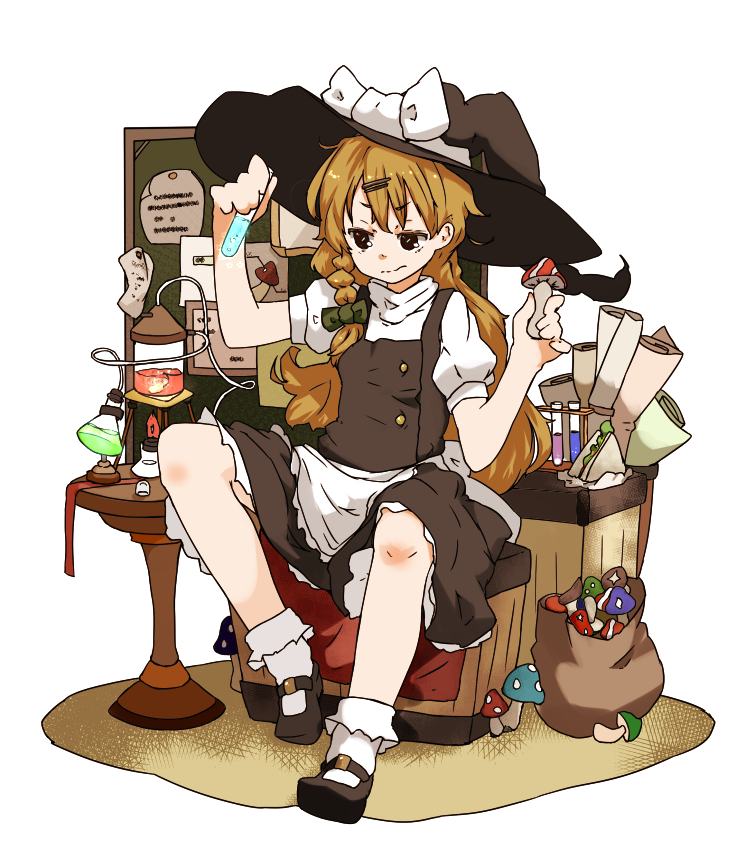 1girl amonitto apron bag black_dress blonde_hair braid bulletin_board bunsen_burner chemistry_set desk dress erlenmeyer_flask female_focus flask food hair_ornament hairclip hat kirisame_marisa long_hair mushroom sandwich scroll shirt single_braid sitting solo table test_tube touhou unworn_hat unworn_headwear waist_apron witch_hat