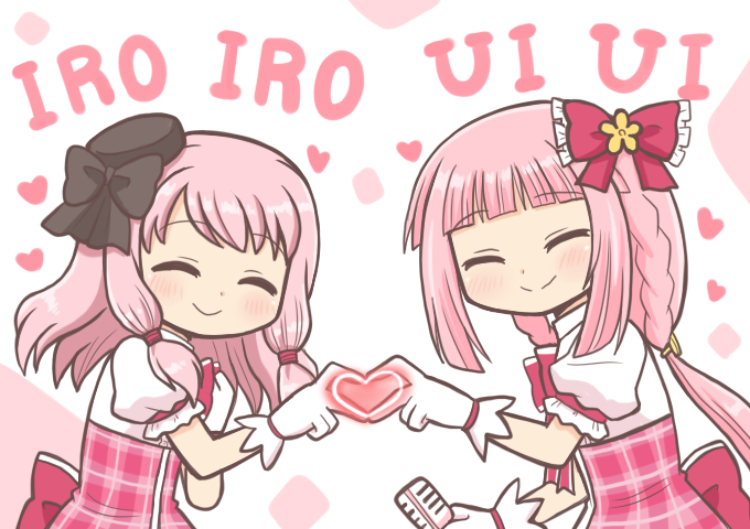 2girls ^_^ bad_id bad_twitter_id black_bow black_hat blunt_bangs blush bow braid closed_eyes closed_mouth cowboy_shot gloves hair_bow hat heart heart_hands heart_hands_duo idol_clothes kamiha_magica_idol_costume long_hair magia_record:_mahou_shoujo_madoka_magica_gaiden mahou_shoujo_madoka_magica microphone mini_hat multiple_girls pink_background pink_bow pink_hair puffy_short_sleeves puffy_sleeves reverse_(bluefencer) shirt short_sleeves siblings sidelocks sisters smile standing tamaki_iroha tamaki_ui white_background white_gloves white_shirt