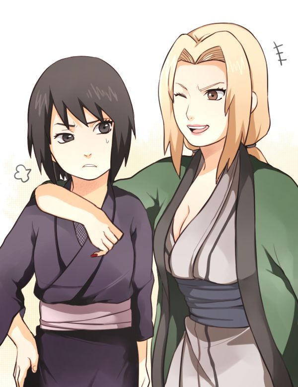 arm_around_another&#039;s_shoulder black_hair blonde_hair brown_eyes frown hair_tied_back hokage jacket japanese_clothes kimono looking_at_another matching_hair/eyes multiple_girls nail_polish naruto_(series) naruto_shippuuden one_eye_closed raised_eyebrow shizune_(naruto) short_hair smile spiked_hair sweatdrop tsunade_(naruto) wink