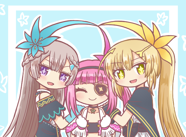+_+ 3girls :d bad_id bad_twitter_id black_choker black_hairband blonde_hair blue_background blue_flower blush braid choker closed_eyes closed_mouth dress eyepatch flower gloves grey_hair hair_between_eyes hair_flower hair_ornament hairband long_hair looking_at_viewer magia_record:_mahou_shoujo_madoka_magica_gaiden mahou_shoujo_madoka_magica mikuri_ayame multiple_girls open_mouth pink_hair ponytail purple_eyes reverse_(bluefencer) shizumi_konoha smile very_long_hair yusa_hazuki