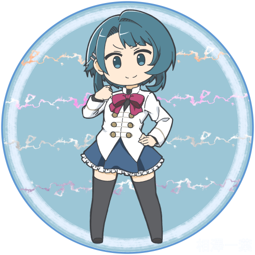 &gt;:) 1girl aizawa_kazuha assault_lily asymmetrical_hair black_shoes black_thighhighs blue_background blue_eyes blue_hair blue_skirt bow bowtie chibi clenched_hand closed_mouth commentary frilled_skirt frills full_body hair_ornament hairclip hand_on_own_hip hand_up herensuge_girls_academy_school_uniform jacket long_sleeves looking_at_viewer lowres masaki_itsuki medium_hair miniskirt red_bow red_bowtie round_image school_uniform shoes skirt smile solo standing thighhighs transparent_background v-shaped_eyebrows white_jacket zettai_ryouiki