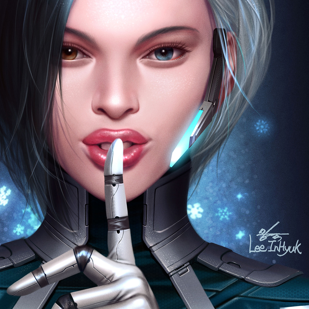1girl black_hair close-up finger_to_mouth gloves heterochromia in-hyuk_lee looking_at_viewer luna_snow marvel marvel_future_fight multicolored_hair portrait pursed_lips shushing snowflakes solo turtleneck white_hair