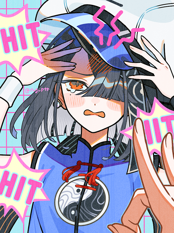 1girl black_hair blush_stickers brown_eyes ear_piercing fate/grand_order fate_(series) flick forehead_flick grid_background hair_over_one_eye hat mole mole_under_eye piercing pov pov_hands puteru tearing_up twitter_username wavy_eyes xu_fu_(fate) xu_fu_(swimsuit_avenger)_(first_ascension)_(fate) yin_yang yin_yang_print