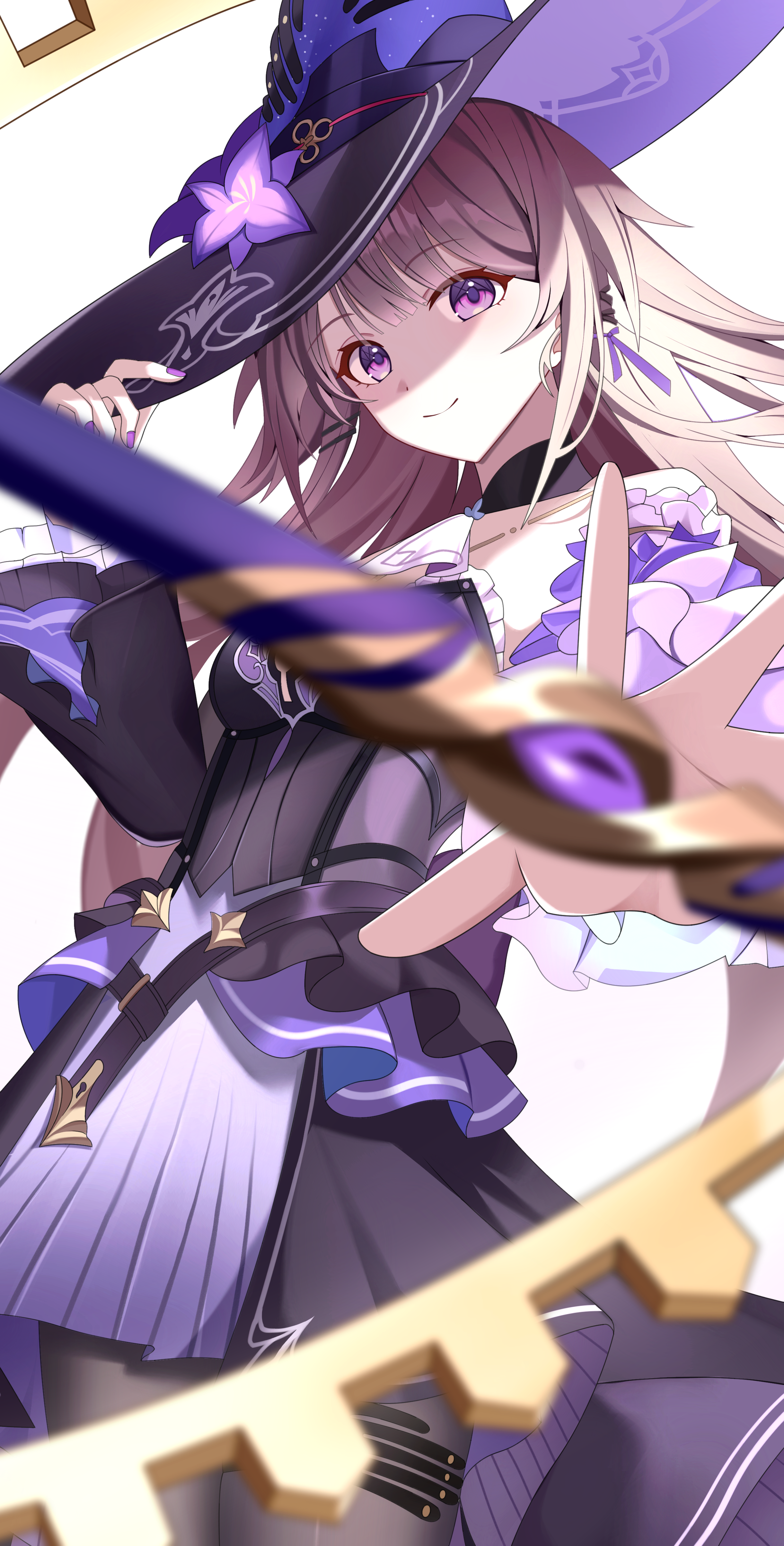 1girl absurdres ascot black_dress breasts brown_hair chinese_commentary closed_mouth commentary_request cowboy_shot dress flower grey_pantyhose hair_ribbon hat hat_flower herta_(honkai:_star_rail) highres honkai:_star_rail honkai_(series) kenomotsu_yukuwa long_hair looking_at_viewer medium_breasts nail_polish pantyhose partial_commentary purple_eyes purple_flower purple_nails purple_ribbon ribbon simple_background smile solo the_herta_(honkai:_star_rail) very_long_hair white_ascot white_background witch_hat