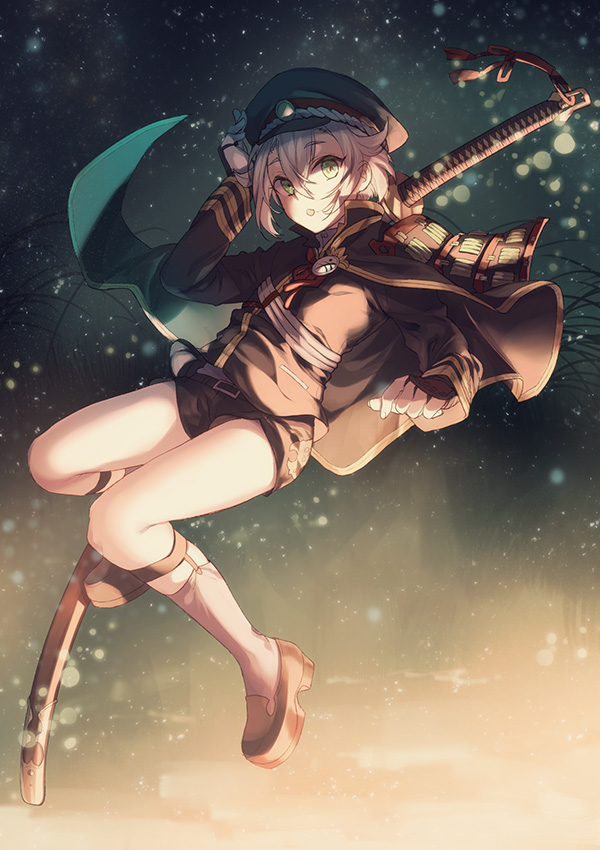 10s 1boy :o armor cape capelet fingerless_gloves fireflies full_body gloves green_eyes hand_to_hat hat hotarumaru japanese_armor legwear_garter male_focus name_connection object_namesake ootachi open_mouth personification shorts shoulder_armor silver_hair socks sode solo sword tenkuu_sphere touken_ranbu weapon