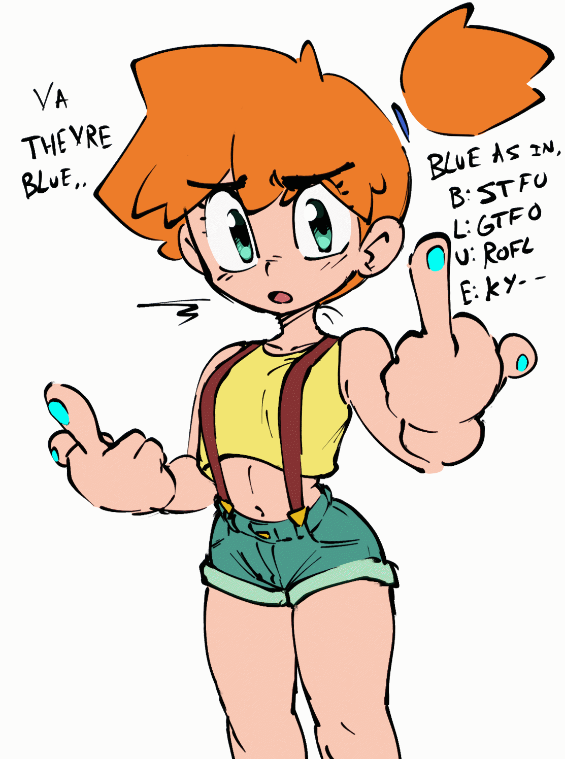 1girl animated animated_gif asymmetrical_hair breasts crop_top denim denim_shorts eyelashes gen_1_pokemon green_eyes green_shorts gym_leader hair_tie highres jellot looking_at_viewer midriff misty_(pokemon) nintendo open_mouth orange_hair pokemon pokemon_(anime) pokemon_(classic_anime) pokemon_rgby ponytail shirt short_hair short_shorts shorts side_ponytail sleeveless sleeveless_shirt smile solo standing suspenders tank_top yellow_shirt yellow_tank_top