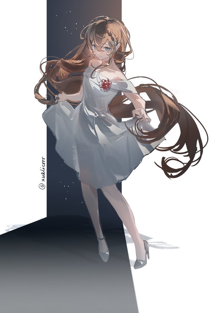 1girl bare_shoulders brown_hair collarbone commentary dress english_commentary from_side full_body hair_between_eyes hair_ornament high_heels indie_virtual_youtuber long_hair looking_at_viewer neuro-sama skirt_hold solo standing stiletto_heels very_long_hair virtual_youtuber white_dress white_high_heels xuelierrr