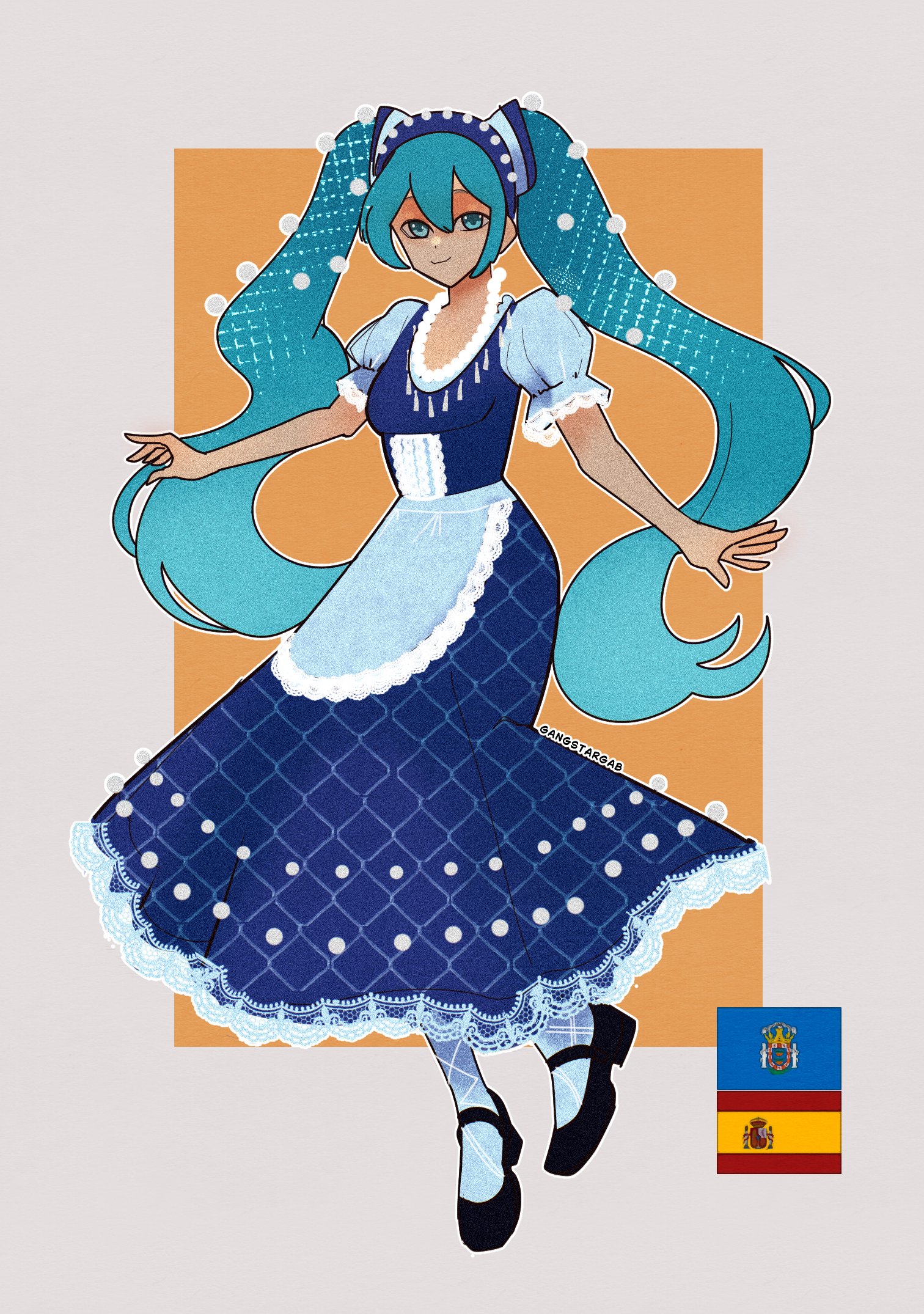 1girl apron black_shoes blue_apron blue_dress blue_eyes blue_hair breasts closed_mouth dress frilled_apron frills full_body gangstargab hair_ornament hatsune_miku highres long_hair looking_at_viewer melillan_flag pom_pom_(clothes) pom_pom_hair_ornament puffy_short_sleeves puffy_sleeves shoes short_sleeves small_breasts smile solo spanish_flag twintails very_long_hair vocaloid worldwide_miku