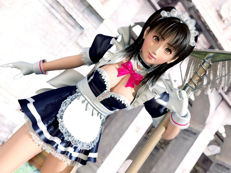 1girl 3d black_hair breasts brown_eyes choker earrings female_focus flear gloves incise_soul jewelry m-rs maid mop outdoors ribbon solo standing twintails