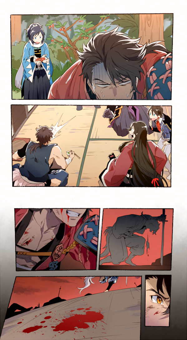 10s 5boys armor berry blood blood_from_mouth brown_eyes comic haori holding horikawa_kunihiro izumi-no-kami_kanesada japanese_armor japanese_clothes kote long_sideburns male_focus multiple_boys odd_one_out out_of_frame shinsengumi sideburns silent_comic sword t_k_g tatami tonbokiri_(touken_ranbu) touken_ranbu touken_ranbu:_hanamaru tree vomiting weapon