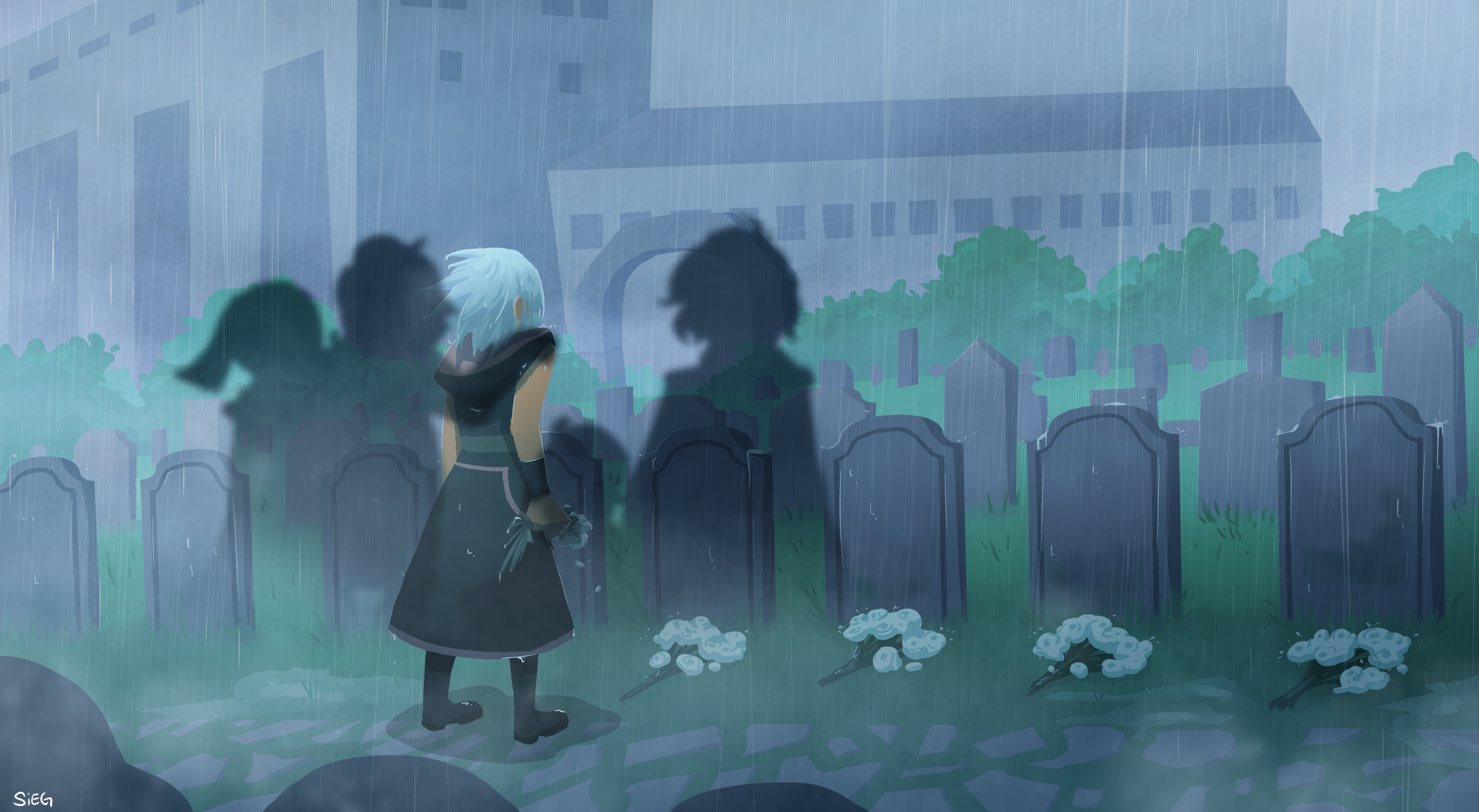 2girls 3boys absurdres arch artist_name black_footwear black_hoodie boots bragi_(kingdom_hearts) building bush clenched_hand comforting commentary dark-skinned_male dark_skin english_commentary flower from_behind ghost grass graveyard grey_hair hand_on_another's_shoulder hermod_(kingdom_hearts) highres holding holding_flower hood hoodie kingdom_hearts kingdom_hearts_dark_road multiple_boys multiple_girls outdoors path rain road sigvrit silhouette spoilers tombstone urd_(kingdom_hearts) vor_(kingdom_hearts) wet white_flower xehanort