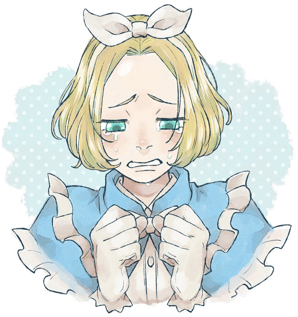 1girl blonde_hair blue_capelet capelet classicaloid clenched_teeth eyelashes forehead frilled_capelet frills gloves green_eyes hairband mr_ym04 pyotr_illyich_tchaikovsky_(classicaloid) shirt short_hair solo tears teeth upper_body white_gloves white_hairband white_shirt