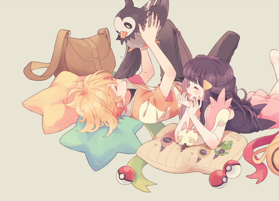 1boy 1girl alternate_color bag barefoot barry_(pokemon) bird black_pants black_sclera black_shirt blonde_hair blush blush_stickers burmy burmy_(plant) burmy_(sandy) burmy_(trash) character_name closed_eyes colored_sclera cushion dawn_(pokemon) duffel_bag english_text gen_4_pokemon green_background hair_ornament hairclip hands_up happy head_rest holding holding_pokemon knees_up komasawa_(fmn-ppp) long_hair lying nintendo on_back on_stomach open_mouth orange_shirt pachirisu pants pink_skirt poke_ball poke_ball_(basic) pokemon pokemon_(creature) pokemon_dppt red_scarf scarf shiny_pokemon shirt short_sleeves simple_background skirt sleeveless sleeveless_shirt smile star_(symbol) striped_clothes striped_shirt undershirt unworn_scarf white_eyes