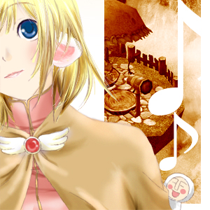 1girl acolyte_(ragnarok_online) album_cover blonde_hair blue_eyes blush brown_capelet capelet closed_mouth commentary_request cover game_screenshot_background lowres musical_note pink_shirt puiko_(rivulet_brook) ragnarok_online screenshot_background shirt short_hair smile solo telescope upper_body
