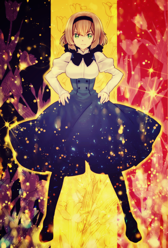 1girl axis_powers_hetalia belgian_flag belgium_(hetalia) black_bow black_bowtie black_pantyhose blue_skirt bow bowtie breasts brown_hair female_focus floral_background flower full_body gender_request genderswap green_eyes hairband hand_on_own_hip hands_on_own_hips juliet_sleeves legs_apart long_sleeves medium_breasts oumi_sanaka pantyhose puffy_sleeves skirt sleeves_past_wrists solo sparkle striped_background tulip vertical_stripes wavy_mouth