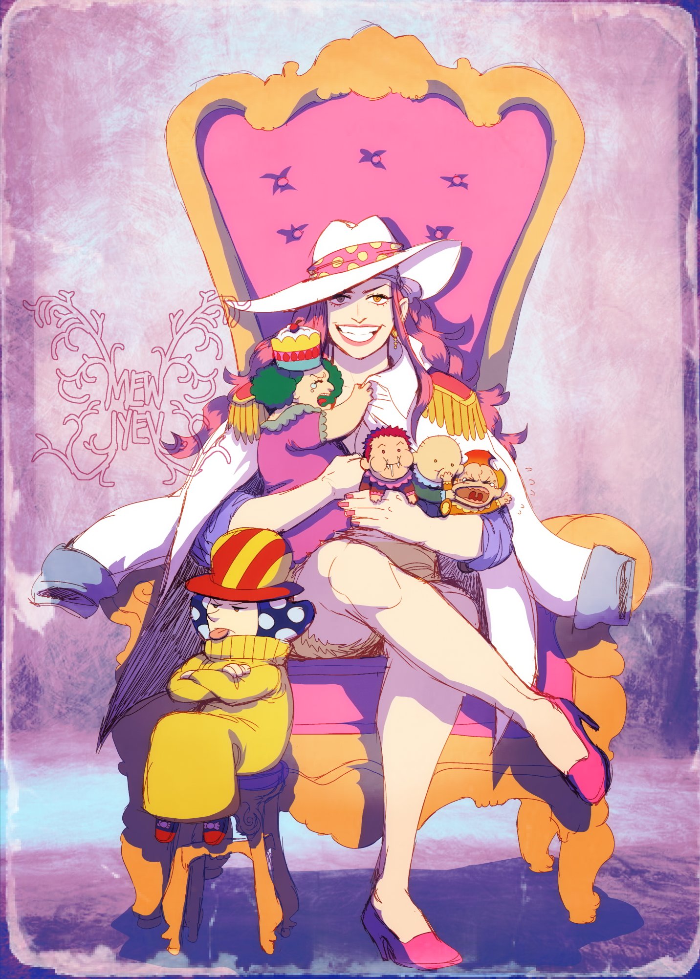 2girls 4boys artist_logo baby bald blue_hair carrying carrying_baby carrying_person charlotte_compote charlotte_daifuku charlotte_katakuri charlotte_linlin charlotte_oven charlotte_perospero coat coat_on_shoulders commentary crossed_arms crossed_legs crying dress earrings english_commentary epaulettes family frown green_hair hat highres inktober jewelry logo long_hair looking_at_viewer mewiyev multiple_boys multiple_girls one_piece orange_hair pink_dress pink_hair pink_nails pink_shoes polka_dot polka_dot_hair red_hair saliva sharp_teeth shoes short_hair sitting smile teeth throne tongue tongue_out white_coat white_hat yellow_coat yellow_eyes
