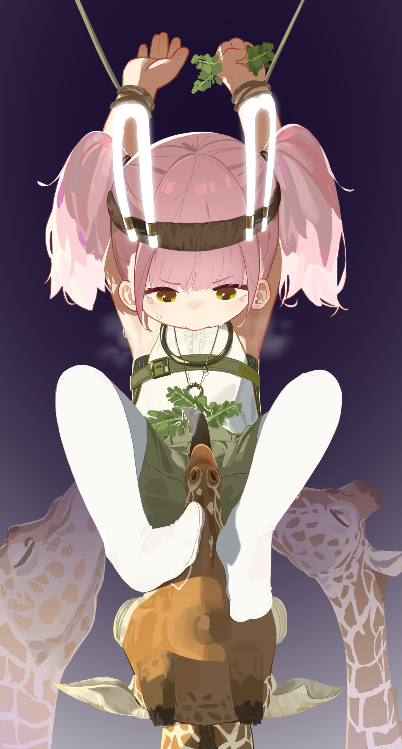 1girl absurdres animal_ears armpits arms_up crying fake_animal_ears feeding giraffe girls&#039;_frontline girls&#039;_frontline_neural_cloud highres pink_hair rabbit_ears rope shirt sleeveless sleeveless_shirt taisch_(neural_cloud) thighhighs tongue tongue_out twintails white_thighhighs xiaotsihasiha
