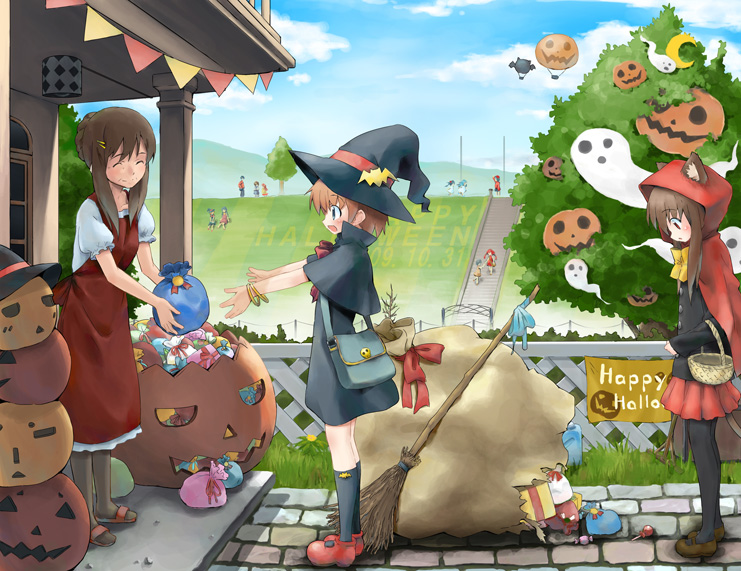 00s 2009 3girls aikei_ake ake animal_ears bad_id bad_pixiv_id bag basket blue_eyes bow broom brown_hair candy cat_ears cat_tail cosplay dated food ghost grass grimm&#039;s_fairy_tales halloween happy_halloween hat jack-o&#039;-lantern kneehighs little_red_riding_hood little_red_riding_hood_(grimm) little_red_riding_hood_(grimm)_(cosplay) long_hair looking_down messenger_bag multiple_girls original outdoors pantyhose pumpkin red_eyes sack short_hair shoulder_bag sidelocks skirt socks stairs standing tail tree trick_or_treat typo witch_hat