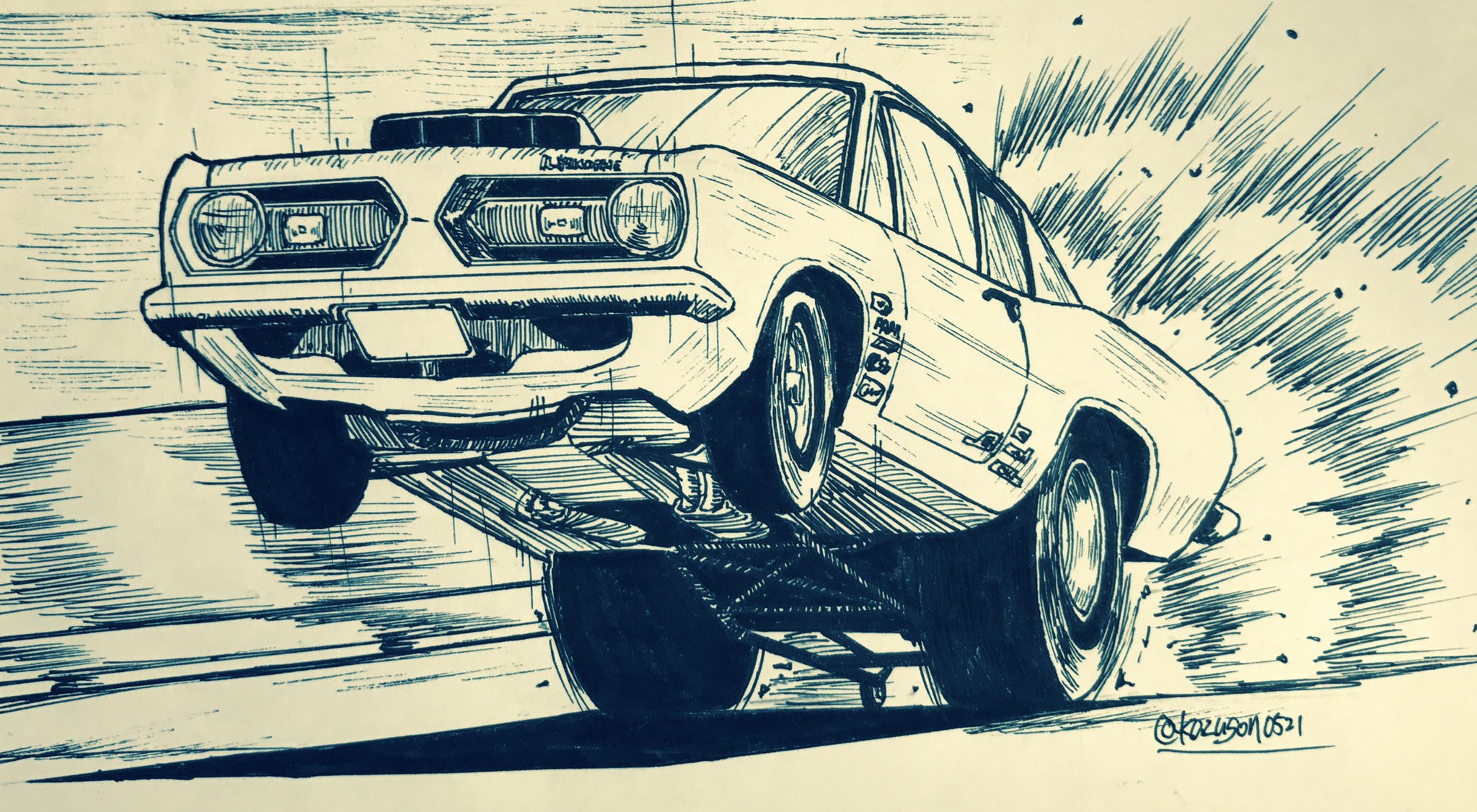 car datsan explosion greyscale highres ink_(medium) monochrome motion_blur motion_lines motor_vehicle muscle_car no_humans original pen_(medium) traditional_media twitter_username vehicle_focus vehicle_request