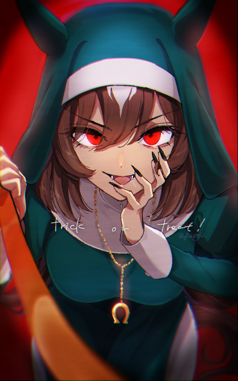1girl animal_ear_headwear animal_ears black_nails blurry breasts brown_hair chromatic_aberration depth_of_field dress fake_animal_ears fangs fingernails green_dress habit hand_on_own_cheek hand_on_own_face highres holding holding_leash horse_ears horse_girl horse_tail impossible_clothes jewelry leash long_hair looking_at_viewer medium_breasts necklace open_mouth pov red_background red_eyes sharp_fingernails sirius_symboli_(umamusume) smile solo standing straight-on tail toji_(y2toj2) trick_or_treat twitter_username umamusume v-shaped_eyebrows viewer_on_leash watermark