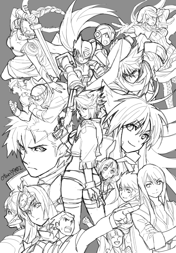 6+boys 6+girls ace_attorney arisu_reiji breasts character_request closed_mouth flynn_scifo greyscale indesign kos-mos long_hair looking_at_viewer maya_fey medium_breasts monochrome multiple_boys multiple_girls open_mouth phoenix_wright project_x_zone saya_(namco_x_capcom) short_hair simple_background smile strider_(video_game) strider_hiryuu sword tales_of_(series) tales_of_vesperia valkyrie_(vnd) valkyrie_no_densetsu weapon x_(mega_man) xiaomu yuri_lowell zero_(mega_man)