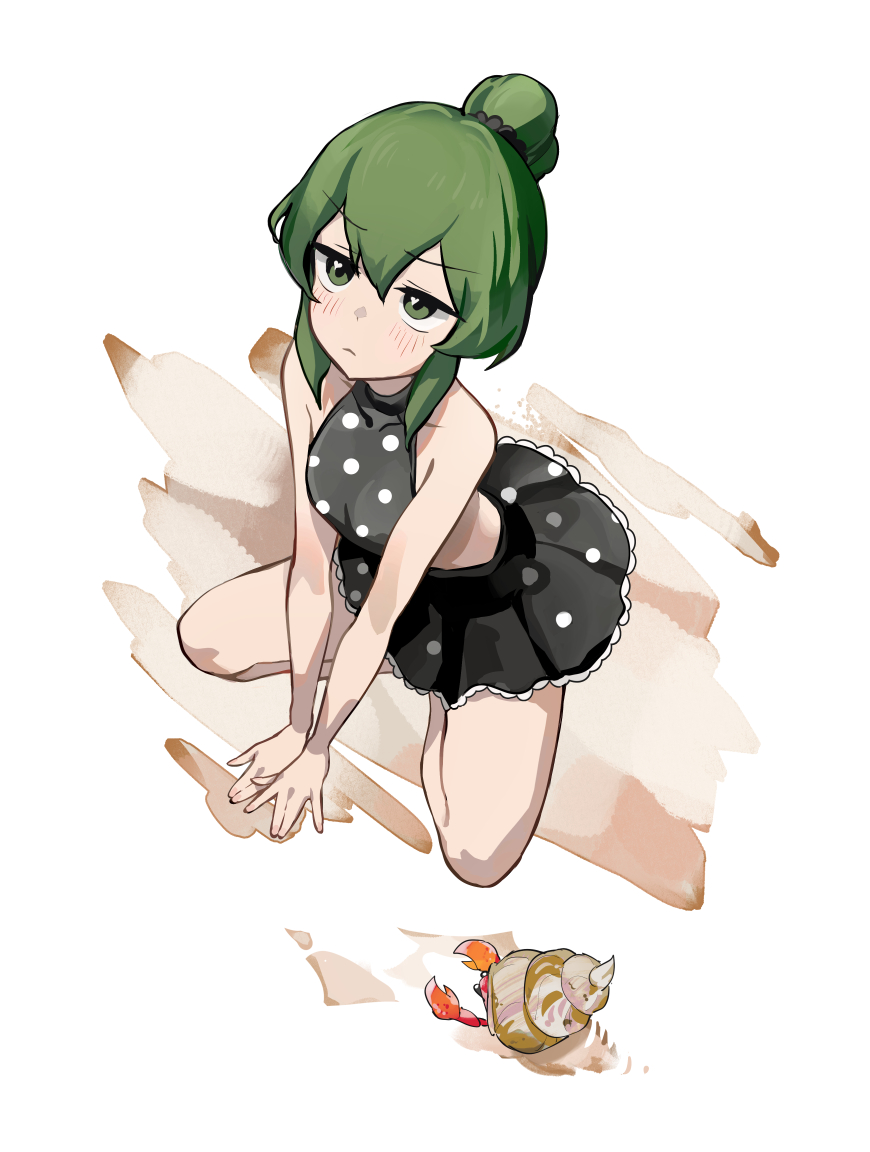 1girl alternate_hairstyle bikini bikini_skirt black_bikini closed_mouth from_above full_body green_eyes green_hair hair_bun hermit_crab igarashi_futaba kneeling mo0o0rae polka_dot polka_dot_bikini sand senpai_ga_uzai_kouhai_no_hanashi shell simple_background single_hair_bun solo swimsuit white_background