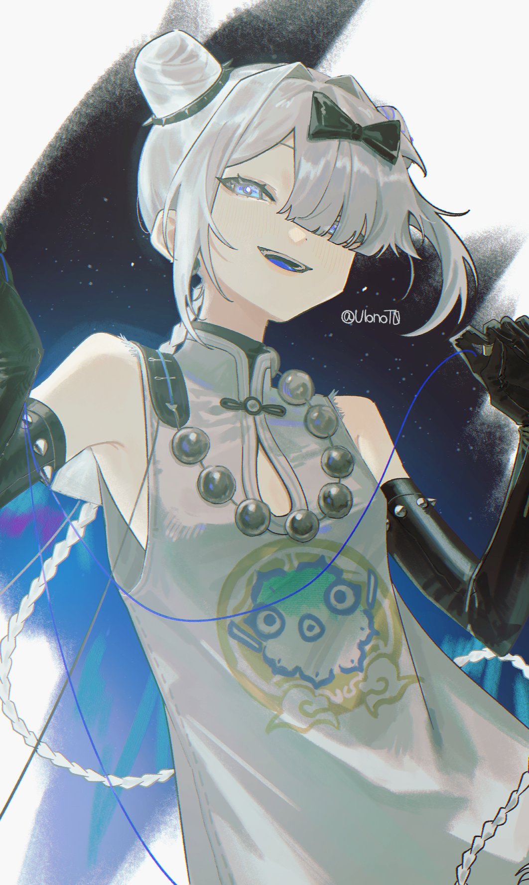 1girl :d bead_necklace beads black_bow black_gloves blue_background blue_eyes blue_tongue border bow colored_tongue double_bun dress elbow_gloves fading_border gloves grey_dress guest_art hair_bow hair_bun hair_over_one_eye hands_up highres jewelry long_braid long_hair looking_at_viewer necklace oji-sama_(ochi4t) one_eye_covered open_mouth sleeveless sleeveless_dress smile solo spiked_gloves sui_yinzi_(xinyue_tongxing) twitter_username upper_body white_hair xinyue_tongxing