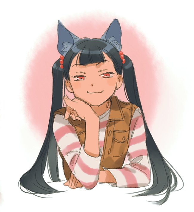 1boy 1girl animal_ears black_hair blunt_bangs brown_vest cardcaptor_sakura circle closed_mouth commentary english_commentary head_rest li_meiling long_sleeves looking_at_viewer loveariddle pink_eyes shirt smirk striped_clothes striped_shirt twintails upper_body vest