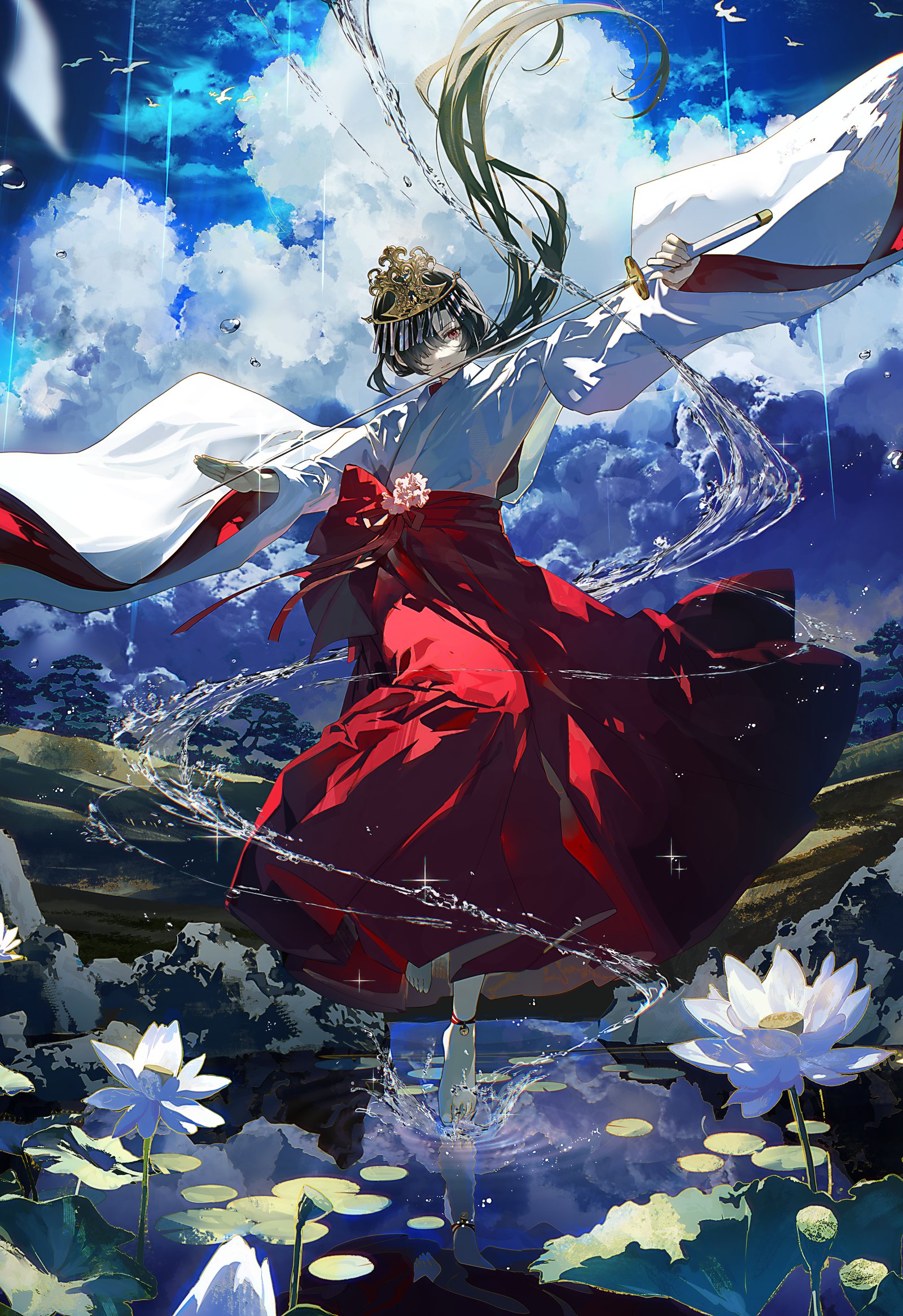 1girl anklet bell_anklet bird black_hair bubble closed_mouth cloud cloudy_sky commentary_request crown eshi_100_nin_ten floating_hair flower full_body glint hair_floating_upwards hair_over_one_eye highres hill holding holding_sword holding_weapon hydrokinesis japanese_clothes jewelry katana kimono kuga_huna lily_pad long_hair long_skirt long_sleeves lotus original pink_flower red_eyes red_ribbon red_skirt reflection reflective_water ribbon shallow_water sidelocks skirt sky solo sparkle splashing standing standing_on_one_leg sword tiptoes tree water weapon white_flower white_kimono wide_sleeves