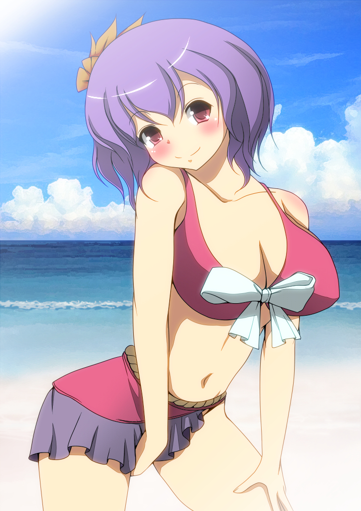 1girl bad_anatomy beach between_legs bikini bikini_skirt blue_sky blush breasts cleavage cloud collarbone day female_focus hair_ornament hand_between_legs head_tilt large_breasts merry_(diameri) navel ocean outdoors pink_bikini pink_eyes purple_hair sky smile solo swimsuit touhou yasaka_kanako