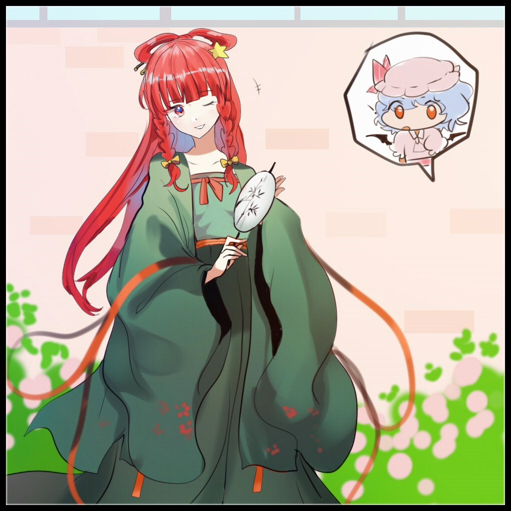 2girls alternate_costume alternate_hairstyle blue_hair blush braid chibi chinese_clothes dress hair_ornament hair_rings hanfu hong_meiling long_hair long_skirt long_sleeves multiple_girls panghulao red_hair remilia_scarlet ruqun skirt star_(symbol) star_hair_ornament touhou twin_braids