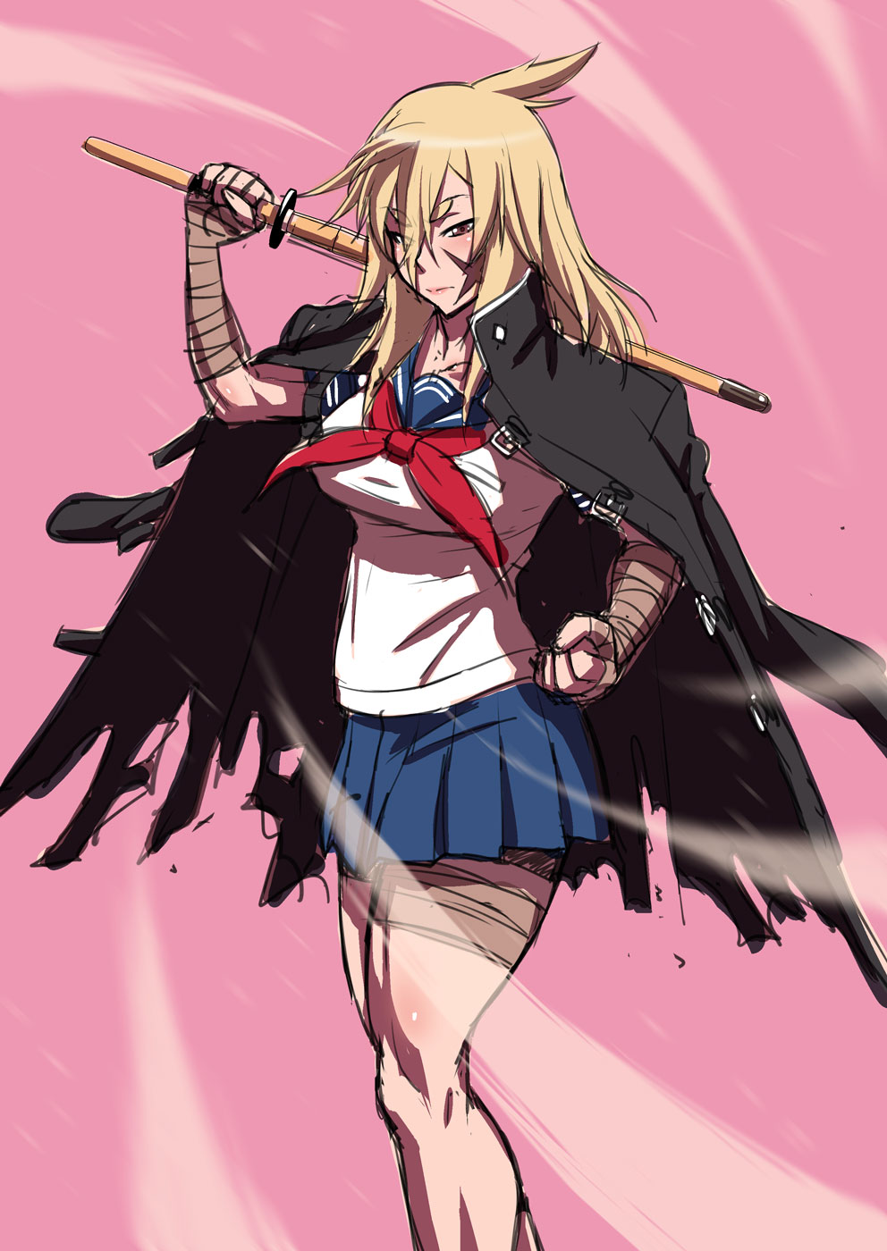 1girl bandaged_arm bandaged_leg bandages blonde_hair bokken cross_scar delinquent facial_scar highres jacket jacket_on_shoulders kjech osoro_shidesu red_eyes scar scar_on_cheek scar_on_face school_uniform sword torn_clothes torn_jacket weapon wooden_sword yandere_simulator